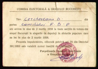 1958 Imputernicire electorala Frontul Democratiei Populare FDP alegeri Bucuresti foto