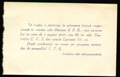 1957 Invitatie Adunare festiva de Ziua Marinei - Ministerul Fortelor Armate foto