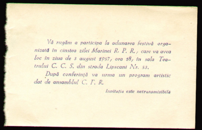 1957 Invitatie Adunare festiva de Ziua Marinei - Ministerul Fortelor Armate