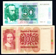 Norvegia - 50 coroane (kroner) 1990 + 100 coroane (kroner) 1989 - pret per lot foto