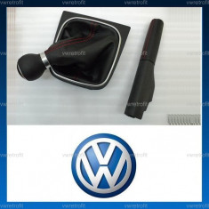 Manson piele, nuca schimbator de viteze, husa levier frana de mana din piele, cusatura rosie pentru VW Golf 5, Golf 6, Jetta, ORIGINAL OEM foto