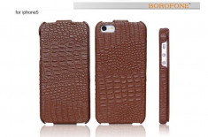 Husa / toc LUX piele naturala premium BOROFONE Crocodile, iPhone 5 / 5s cu aspect reliefat de piele crocodil, tip flip cover, culoare: maro foto