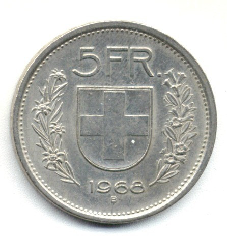 ELVETIA 5 FRANCI 1968 B STARE XF AUNC