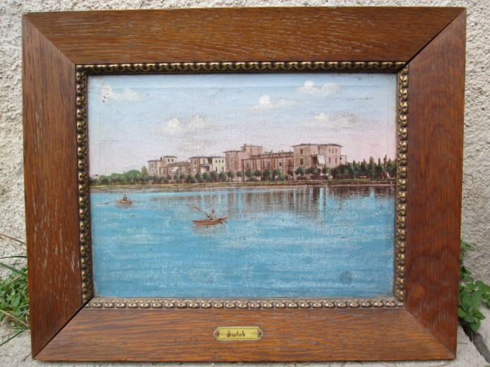 Vedere a orasului Si&oacute;fok Ungaria , malul lacului Balaton , pictura veche in ulei
