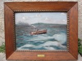 Pictura Veche Ulei pe Panza Vapor Lac Balaton, Marina, 36x29cm, Tablou Pictori Romani