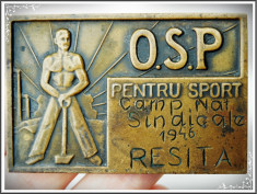 PLACHETA SPORTIVA DE BRONZ: OSP, CAMPIONATELE NA?IONALE SINDICALE, RE?I?A, 1946! foto