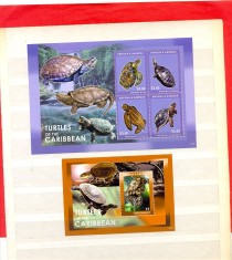 ST-149=ANTIGUA SI BARBUDA 2012-Minicoala cu 4 timbre+Bloc, tematica TESTOASE,nestampilate,MNH(**)
