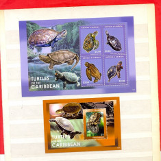 ST-149=ANTIGUA SI BARBUDA 2012-Minicoala cu 4 timbre+Bloc, tematica TESTOASE,nestampilate,MNH(**)
