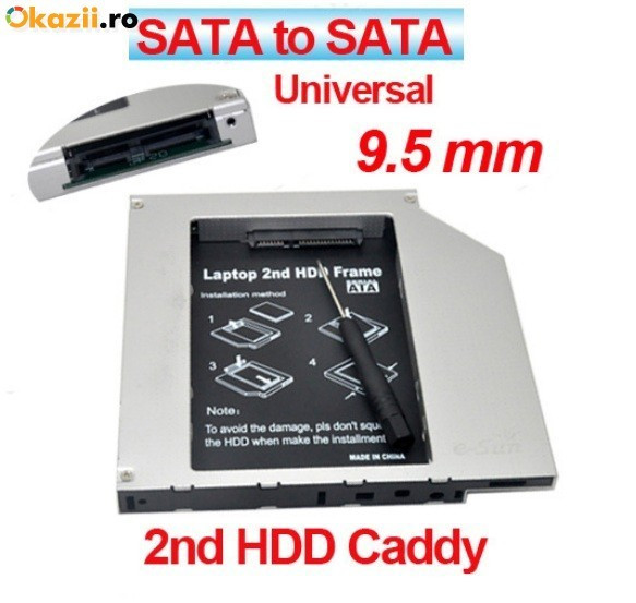 Hard disk HDD caddy adaptor de la unitate optica la hardisk SATA cu  conectare la laptop SATA grosime 9.5 mm 2nd caddy CD-ROM DVD-RW adaptor SSD  | Okazii.ro