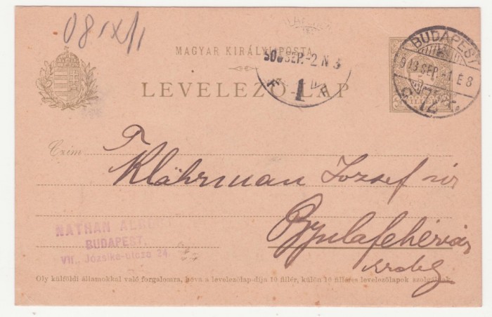 CARTE POSTALA SCRISA IN LIMBA MAGHIARA, ANUL 1908