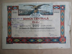 1920 Actia Banca Centrala Cluj, 500 COROANE ! actiuni, actiune Vulcu Orastie foto