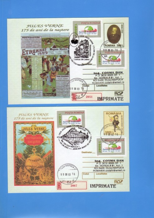 FDC,PLIC ROMANIA 175 ANI DE LA NASTEREA JULES VERNE 2003 SET 2 PLICURI CIRCULATE