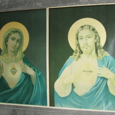 Pereche de litografii icoane vechi Isus si Sfanta Maria, icoana veche lot 2 buc.