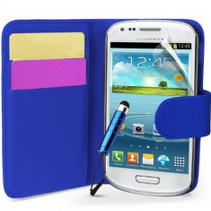 Husa Samsung Galaxy S3 Mini i8190 portofel albastru + folie protectie foto