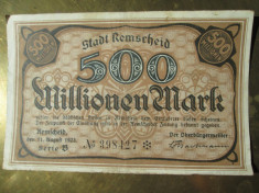 500 Millionen mark 1923 Germania, notgeld Remscheid, 500 milioane marci stampila foto