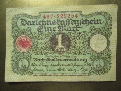 1 mark 1920 Germania, bancnota 1 marca germana / 222254 foto