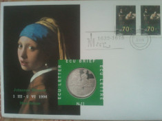 FDC Plic+moneda Johannes Vermeer 1 III-2 VI 1996 EcuBrief, 50 roni(taxe incluse) foto