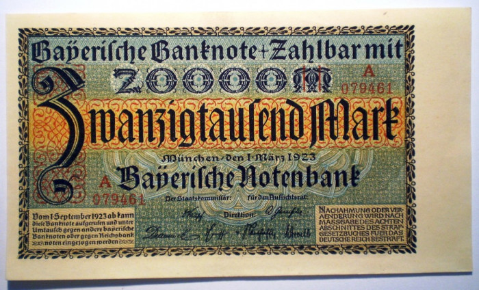 18. GERMANIA BAVARIA 20000 20.000 MARK MARCI MUNCHEN 1.3.1923 XF/AUNC SR. 461