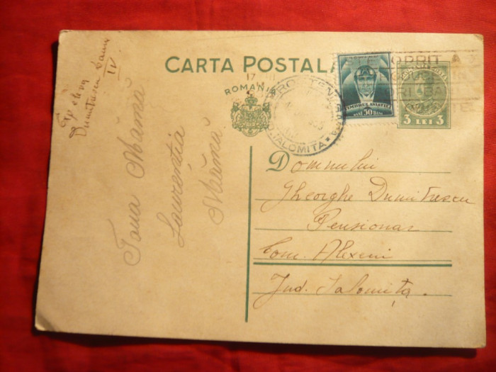 Carte Postala cu 3 lei Carol II marca fixa , stampila verde Brosteni Gara 1905