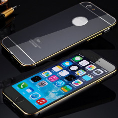 Bumper iPhone 6 4.7 husa luxury gold black neagra rama aluminiu+folie fata spate foto