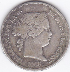 Moneda Spania 40 Centimos 1866 - KM628.2 VF ( argint 0,810 - 5,192 grame ) foto
