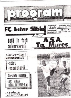 Program meci fotbal INTER SIBIU - ASA TARGU MURES 03.06.1989 foto