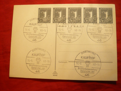 Carte Postala cu 5x1 pf.gri RFG ,1968 cu stamp. speciala Olimpica foto