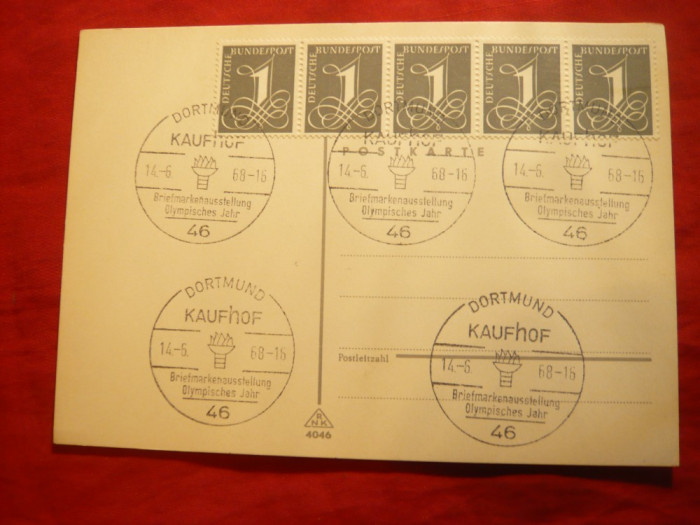 Carte Postala cu 5x1 pf.gri RFG ,1968 cu stamp. speciala Olimpica