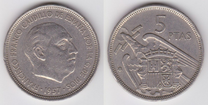 !!! SPANIA - 5 PESETAS 1957 (1971) - KM 786 - XF // FRANCO