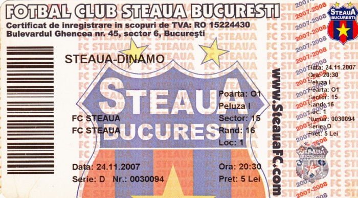 Bilet meci fotbal STEAUA BUCURESTI - DINAMO BUCURESTI 24.11.2007
