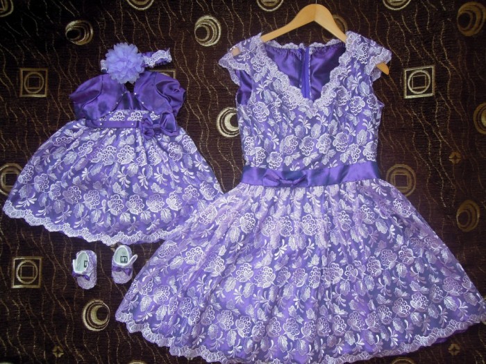 Rochita Mama Si Fiica Botez Asortate Din Satin Mov Cu Dantela Lila