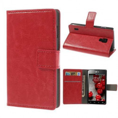 Husa Piele PU Rosie Cu Suport Card Si Stand LG P715 Optimus L7 2 Dual Duet+ foto