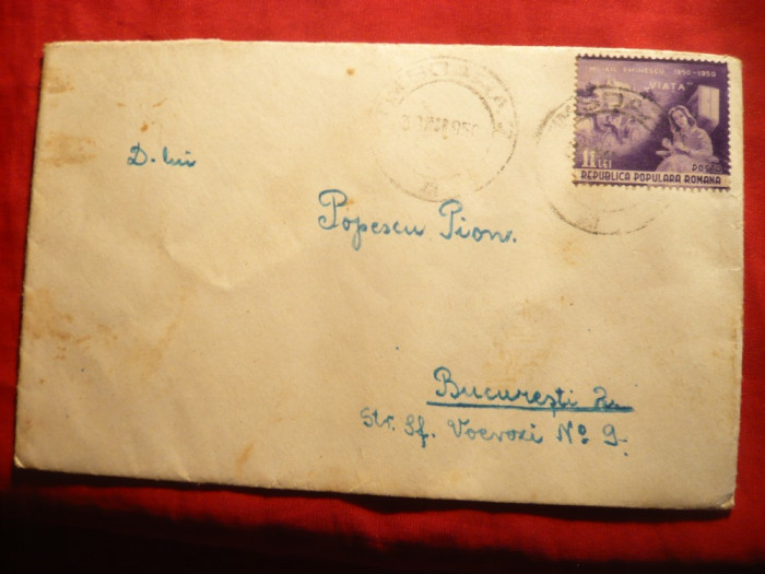 Plic circulat cu 11 lei violet -Eminescu , cca. 1950 ,circ. Bucuresti- Timisoara