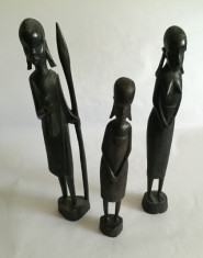 Statuie lemn abanos set 3 buc. familie africani barbat, femeie si copil 36cm foto