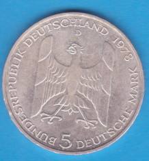 (2) MONEDA DIN ARGINT - GERMANIA - 5 MARK 1978, LIT. D - GUSTAV STRESEMANN foto