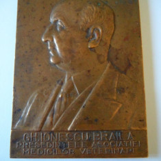 RARA!PLACHETA BRONZ GH.IONESCU BRAILA PRES.ASOC.MEDICILOR VETERINARI ROMANI 1939