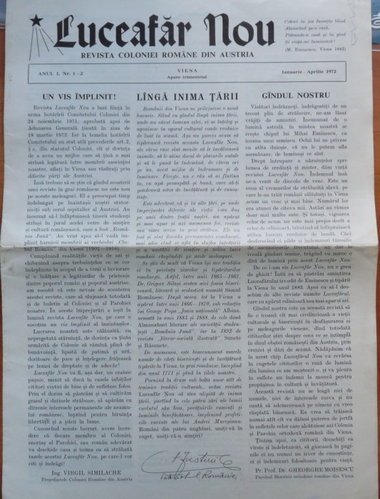 Luceafar Nou , Revista coloniei romane din Austria , an 1 , nr. 1 - 2 , 1972