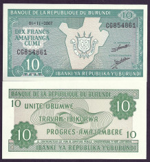 BURUNDI 10 FRANCS FRANCI , 2007 , UNC [1] P-33e.2 , necirculata foto