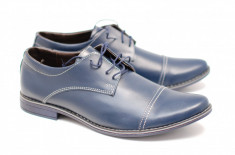 Pantofi albastri casual - eleganti barbatesti din piele naturala cu siret foto