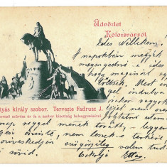 3259 - CLUJ, Matei Corvin, statue, Litho - old postcard - used - 1898