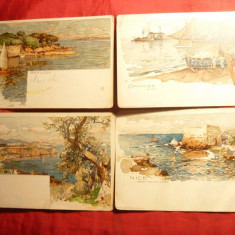 Set 4 Litografii Velten -Nurenberg , inc.sec.XX -Orase : Nice , Monaco Beaulieu