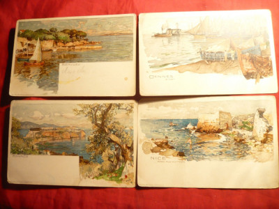 Set 4 Litografii Velten -Nurenberg , inc.sec.XX -Orase : Nice , Monaco Beaulieu foto