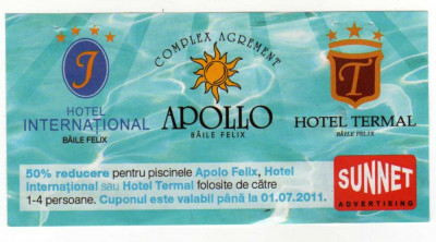 TICHET COLECTIE CUPON REDUCERE 50% SPA PISCINA BAILE FELIX , 2011 foto