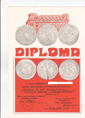 bnk div - Diploma CCA - Expozitia numismatica Romania in anii ...1979 foto