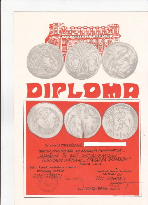 bnk div - Diploma CCA - Expozitia numismatica Romania in anii ...1979