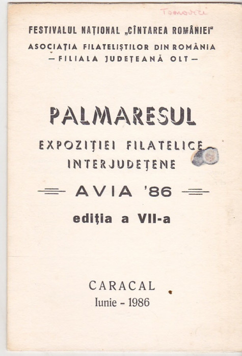 bnk div - Palmaresul expozitiei filatelice interjudetene Avia `86 Caracal