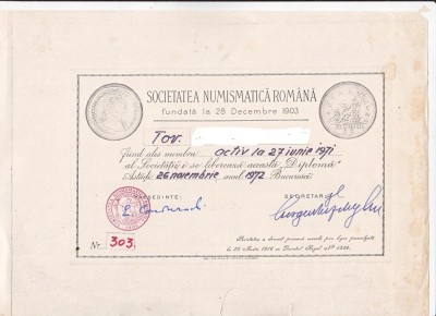 bnk div - Diploma Societatea Numismatica Romana 1971 foto