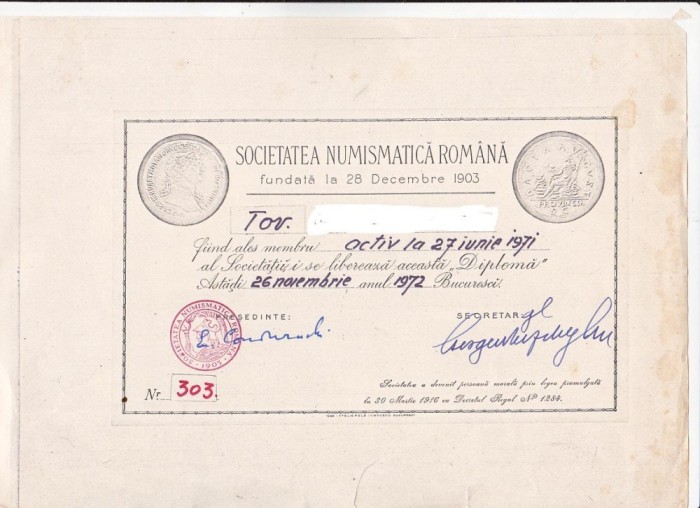 bnk div - Diploma Societatea Numismatica Romana 1971