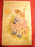 Ilustrata - Felicitare - Baietel si Fetita pe banca 1945