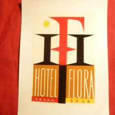 Vigneta Reclama Turistica -Hotel Flora -Praga -Cehoslovacia ,adeziv ,8,5x12,3 cm